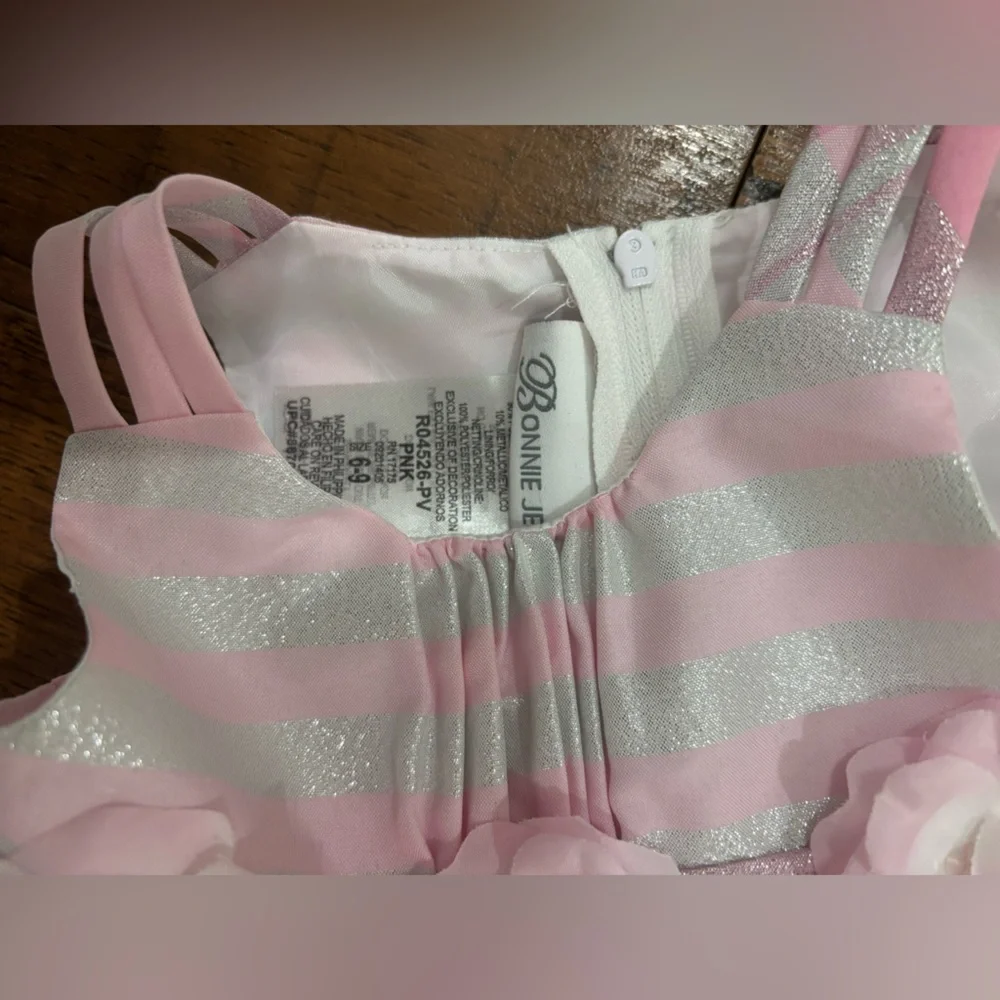 NWT Bonnie Baby Tafetta Empire Metallic Pink Plaid Dress & Bloomers, 6-9 Months
